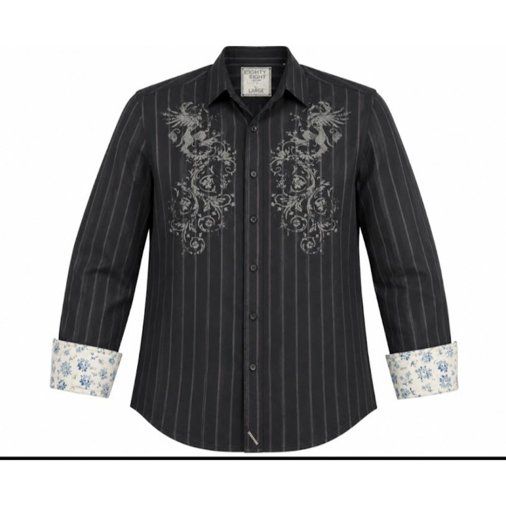 Eighty Eight Mens Black Pinstripe Griffin Graphic Button Down Shirt Large 1083